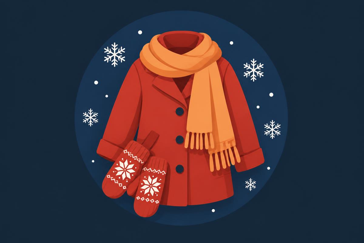 Illustration of a red winter coat with an orange scarf and mittens