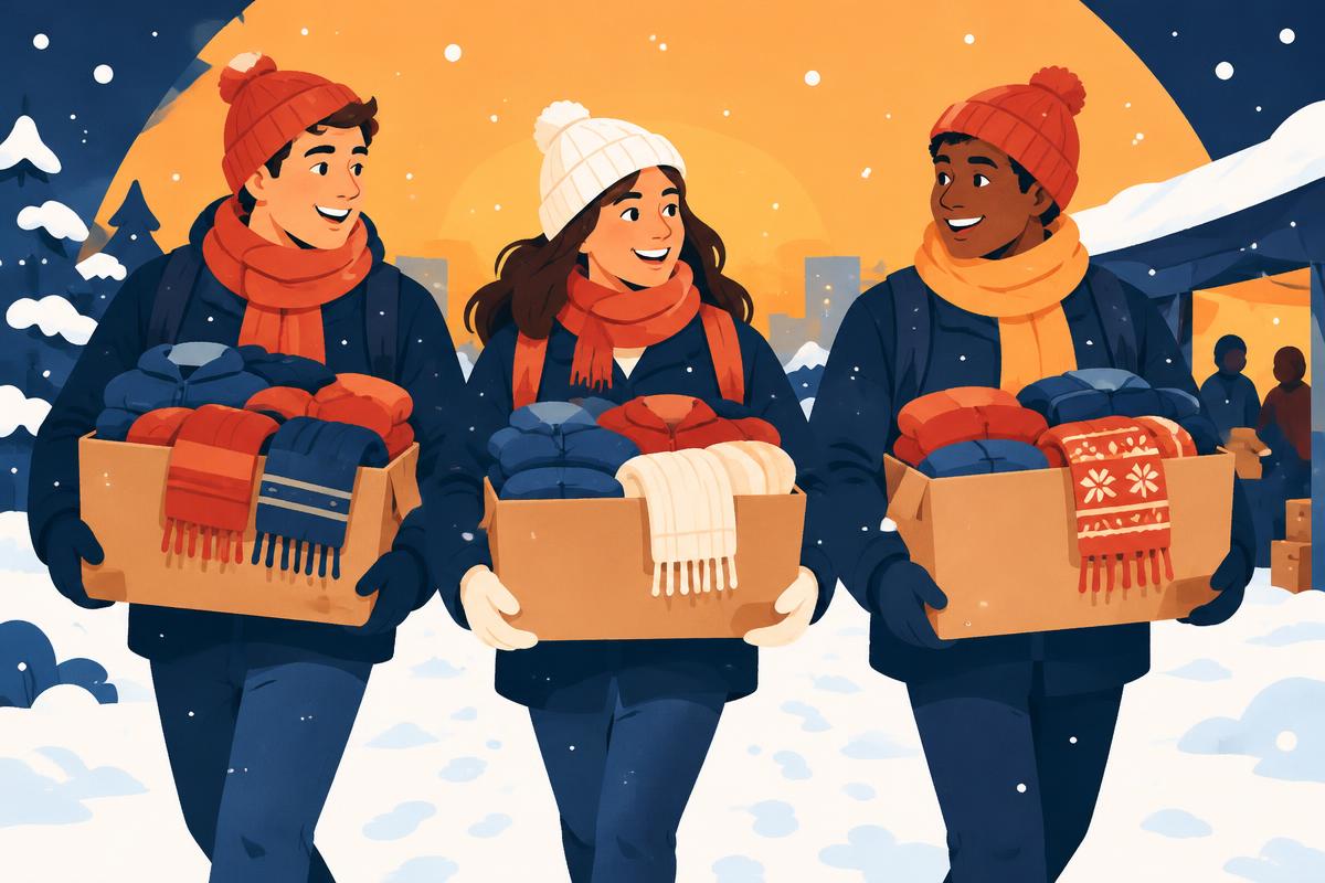 Illustration of student volunteers carrying boxes of winter clothing