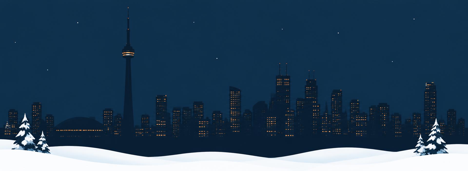 Toronto skyline silhouette at night with the CN Tower and snowbanks