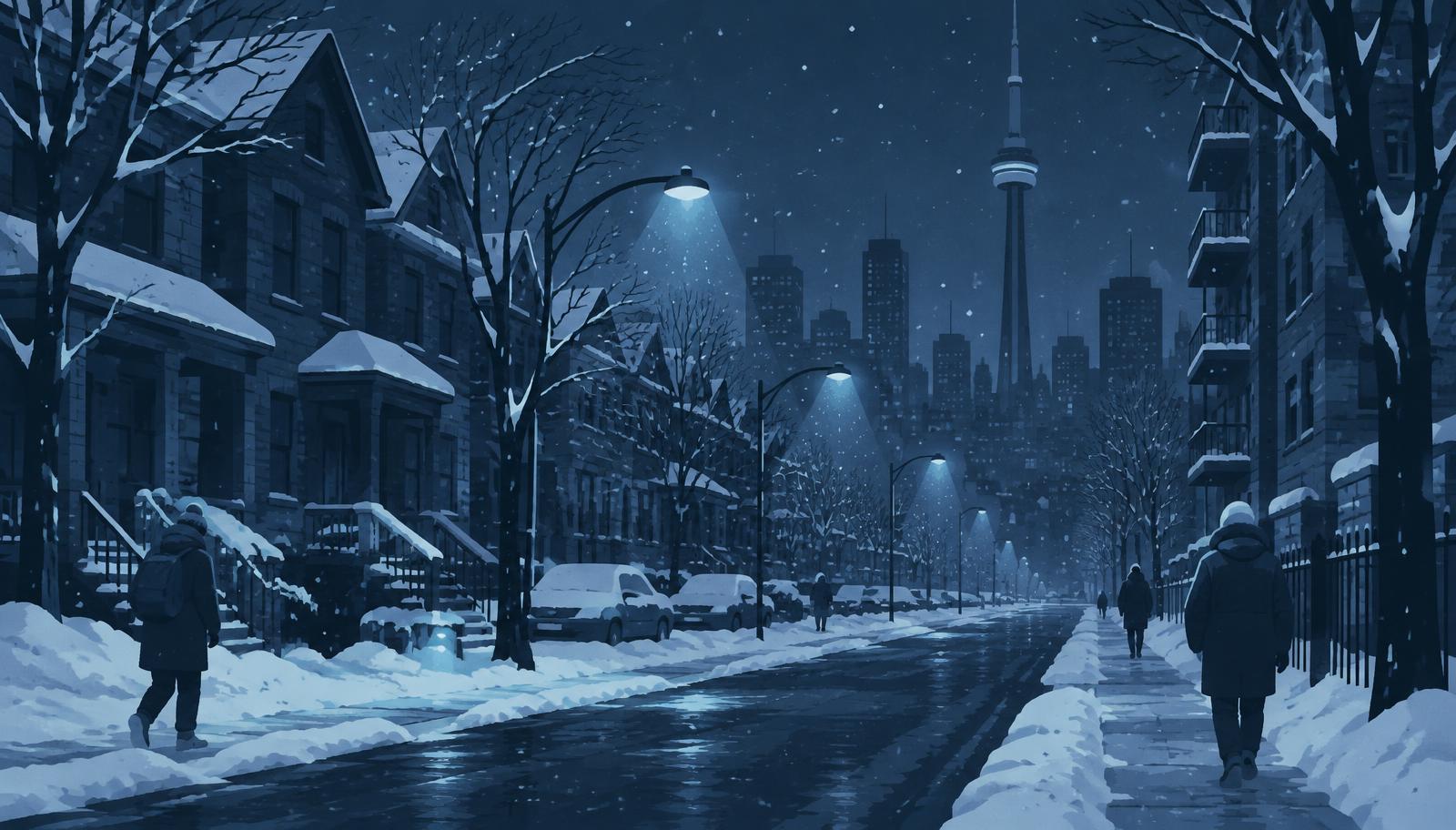 A cold, quiet Toronto street at night in winter
