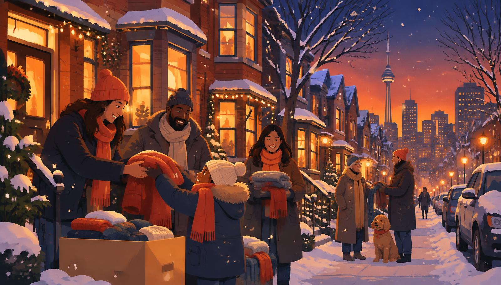 Neighbours sharing winter coats and scarves on a warmly lit Toronto street